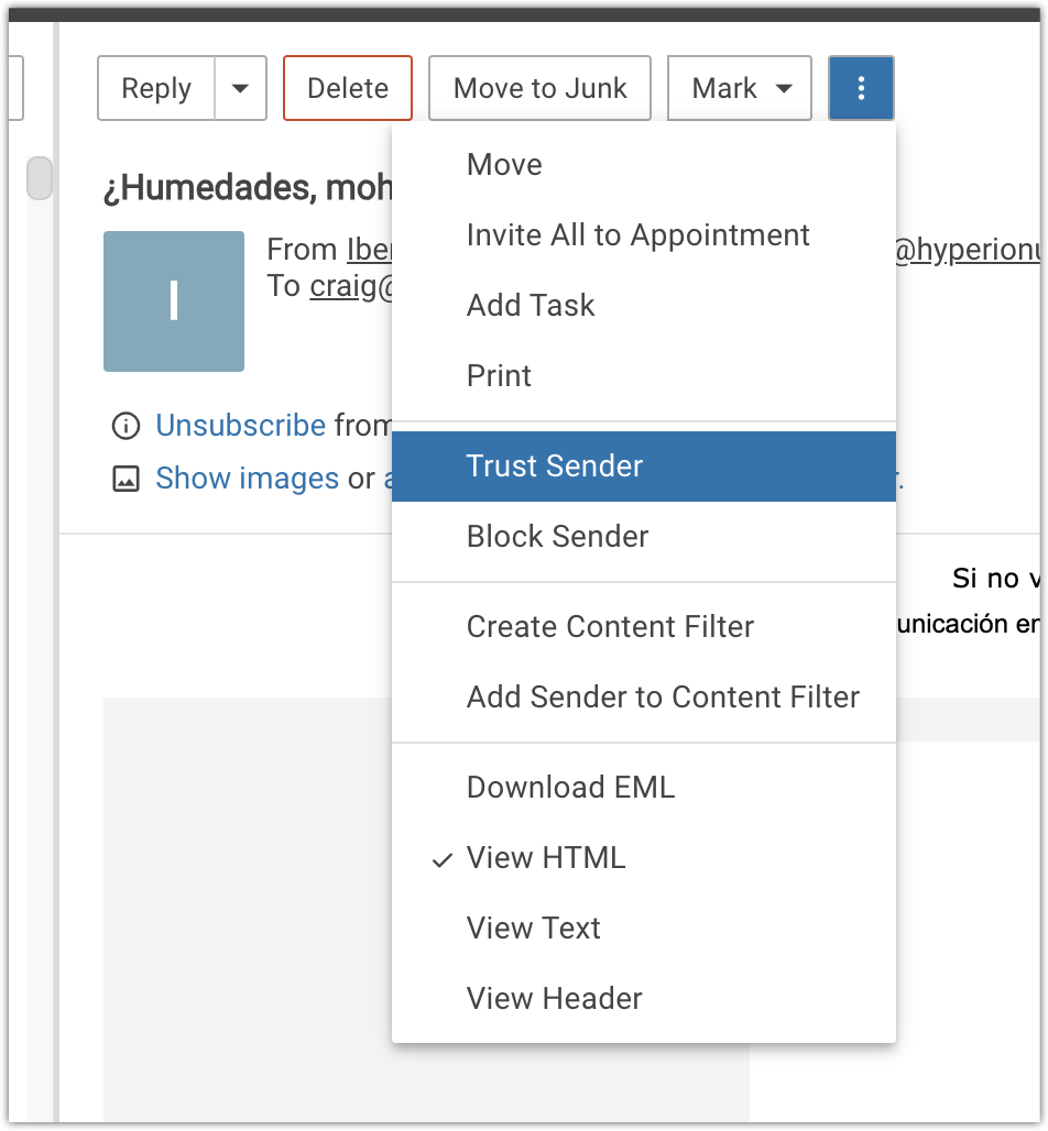 Trust sender option in webmail