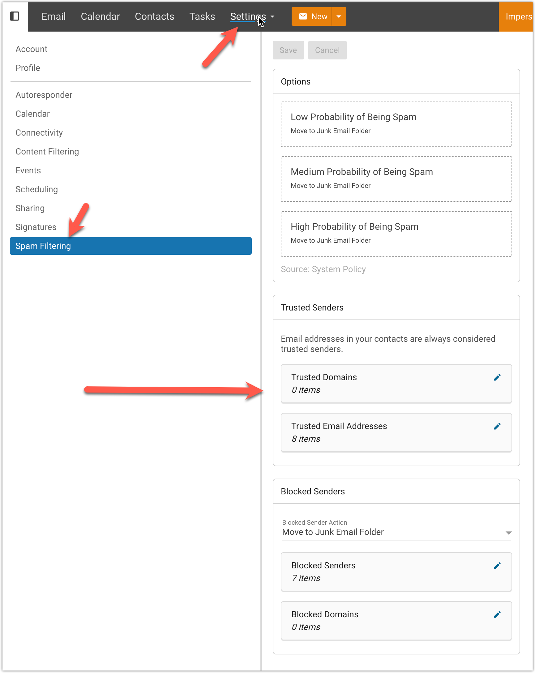 Trusted sender list in spam filtering settings
